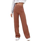 GRECERELLE Womens Casual Straight Leg Pants High Waisted Button Stretchy Business Work Trousers with Multiple Pockets