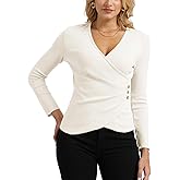 Women’s Long Sleeve Wrap Top, Seep V Neck Ribbed Knit Slim Fitted Cross Wrap Asymmetrical Fall Dressy Blouse