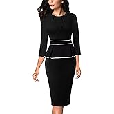 VFSHOW Womens Pleated Crew Neck Peplum Slim Work Business Dress Elegant 3/4 Sleeves Office Church Bodycon Pencil Sheath Dress