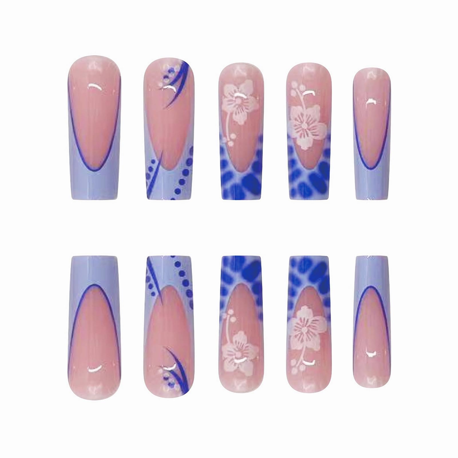 MISUD Press on Nails - Long Square Glue on Nails with Blue French Tip, Acrylic Squoval Artificial Summer Flower Design, 24 pcs - Image 3