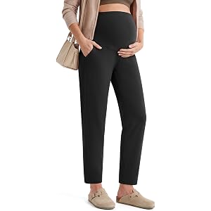 G4Free EverGoing Maternity Work Pants Pregnancy Tapered Ankle Trousers | with Pockets, Over the Belly, Soft, Stretch, Relaxed
