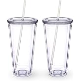 Zukro Clear Acrylic Tumbler with Straw and Lid 32 oz, Double Walled Insulated Reusable Plastic Iced Coffee Cup, To Go Cup Perfect for Parties, Birthdays, Fit in Cupholder, BPA Free, Clear, 2 Pack