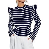 Ezbelle Women's Long Sleeve Ruffle Shirts Striped Rib Knit Blouse Slim Casual Office Trendy Fall Spring Tops 2026