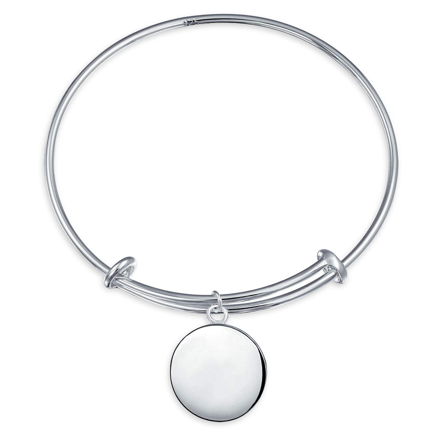 Bling Jewelry Customize Sterling Silver Bangle Bracelet For Women, Engravable Monogram Disc, Minimalist Design, Expandable, Teen Adjustable