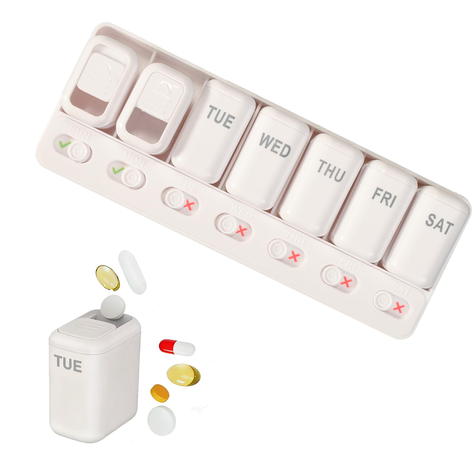 Photo 1 of Weekly Pill Organizer 7 Day Pill Organizer one time a Day with Reminder, Detachable Travel Pill Case, Large Capacity Medicine Organizer for Vitamins, Supplements & Daily Medications (White)