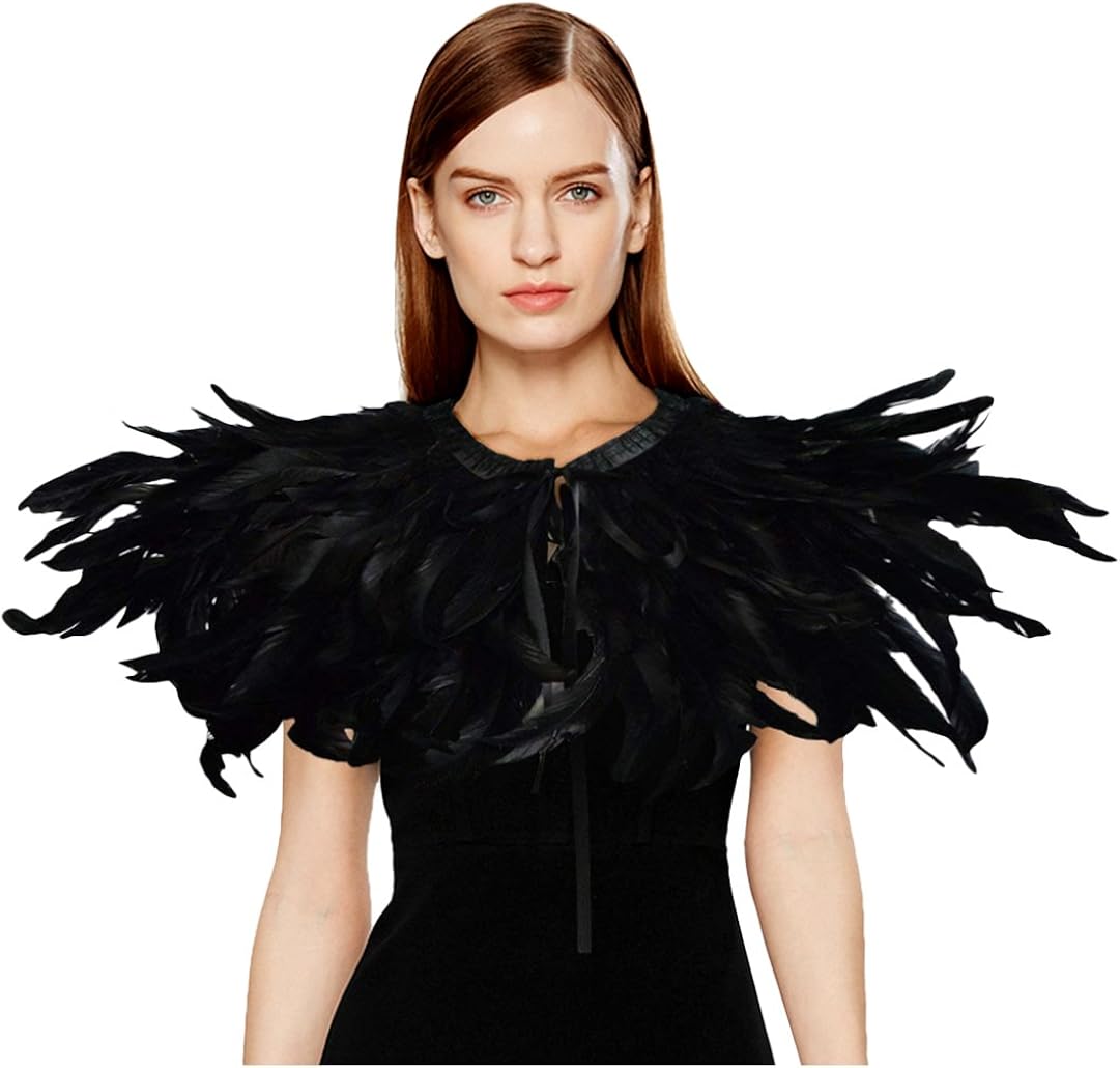 L'VOW Black Feather Shrug Cape Shawl Collar Halloween Costumes for Women (Black-004): Clothing