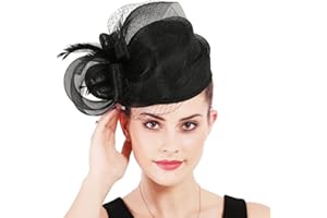 HIMESPORT Woman Sinamay Fascinator Hat Pillbox Derby Hats Linen Feather with Veil Vintage Bridal Wedding Tea Party Cap