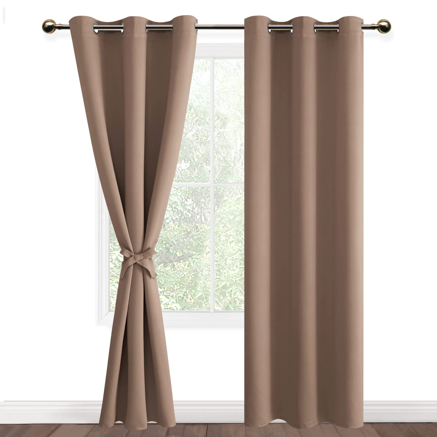 DWCN Khaki Blackout Curtains with Tiebacks for Bedroom Thermal Insulated Solid Eyelet Curtains for Living Room,2 Panels,46" Wide x 90" Drop