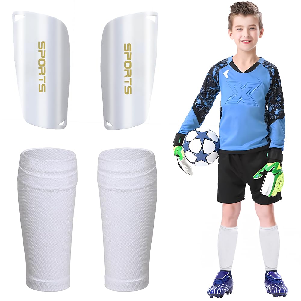 Football Shin Guards Shin Pads with 2 pairs Elastic Shin Guards Sock Sleeves for Football Games Beginner Elite Athlete Running Jogging Fitness (White-M)