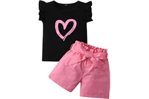 Toddler Girls Summer Clothes Infant Baby Kids Sleeveless Hearts Print T-Shirt Pink Shorts Waist Belt 3Pcs Outfits Set