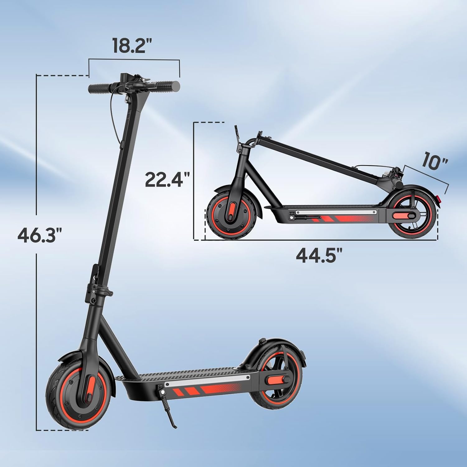 Dimensions of the HiQiS V10 Electric Scooter, unfolded and folded