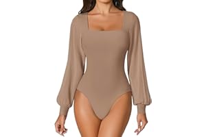 Avidlove Women Puff Long Sleeve Bodysuit Mesh Square Neck Thong Sexy Body Suits Double Lined Leotards