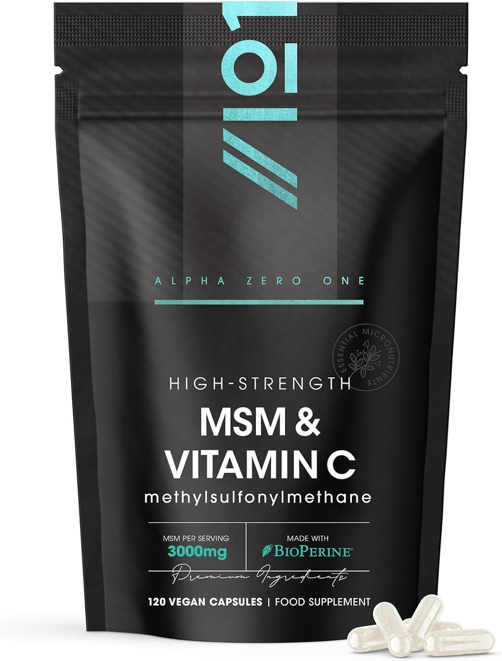 ALPHA01 MSM 3000mg with Vitamin C BioPerine 120 Vegan Capsules