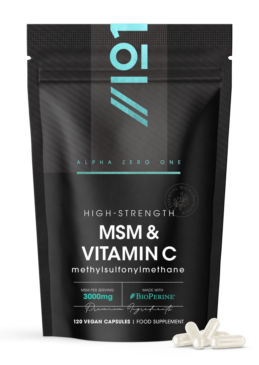 MSM 3000mg with Vitamin C & BioPerine® - 120 Vegan Capsules – Supports Collagen Formation – for Healthy Skin - High Potency Methylsulfonylmethane – By Alpha01