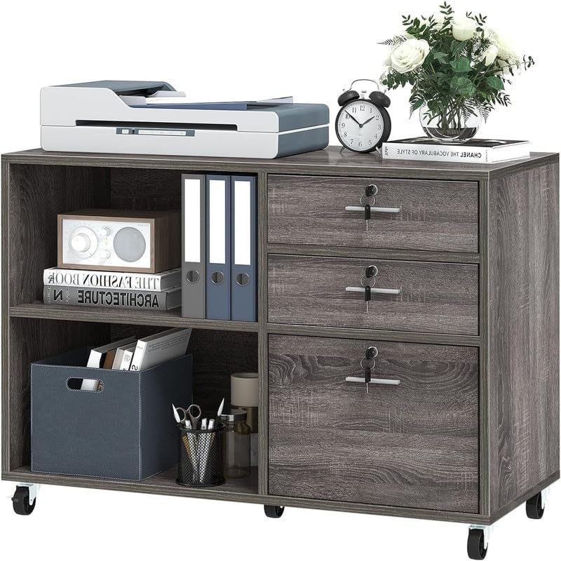 Photo 1 of 3 Drawer Mobile Lateral Filing Cabinet 15.6" d X 35" w 25.6" h Grey Modern Contemporary Wood Finish Modular