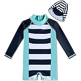 uideazone Baby Boys One Piece Swimsuit Long Sleeve UPF 50+ Rash Guard Bathing Suit Swimwear with Sun Hat 3-24 Months
