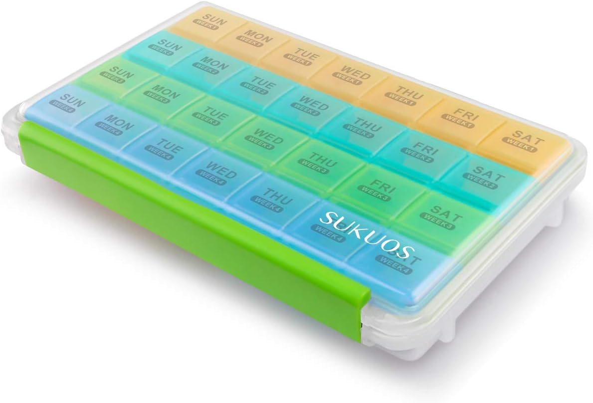 Monthly Pill Organizer 28 Day Case Organizerd by Week, Sukuos Moisture-Resistant Large 4 Week Month Pill Cases with Dust-Proof Box for Pills/Vitamin/Fish Oil/Supplements: Health & Personal Care