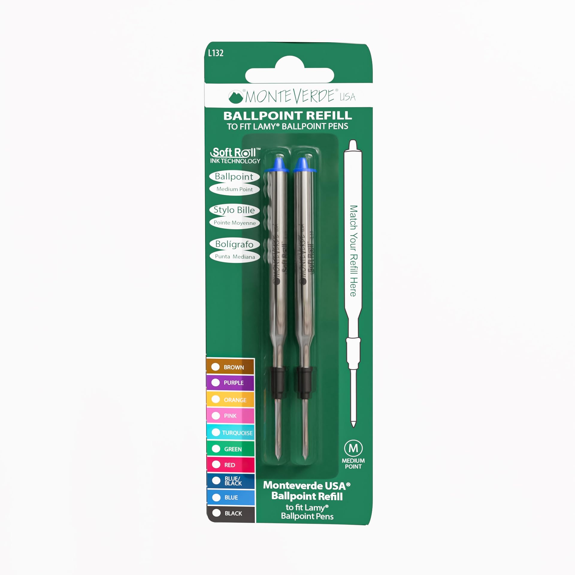Monteverde USA Soft Ballpoint Pen Refills to Fit Lamy Ballpoint Pens, Blue Ink, Medium Point, Vibrant Writing, 2 Pack