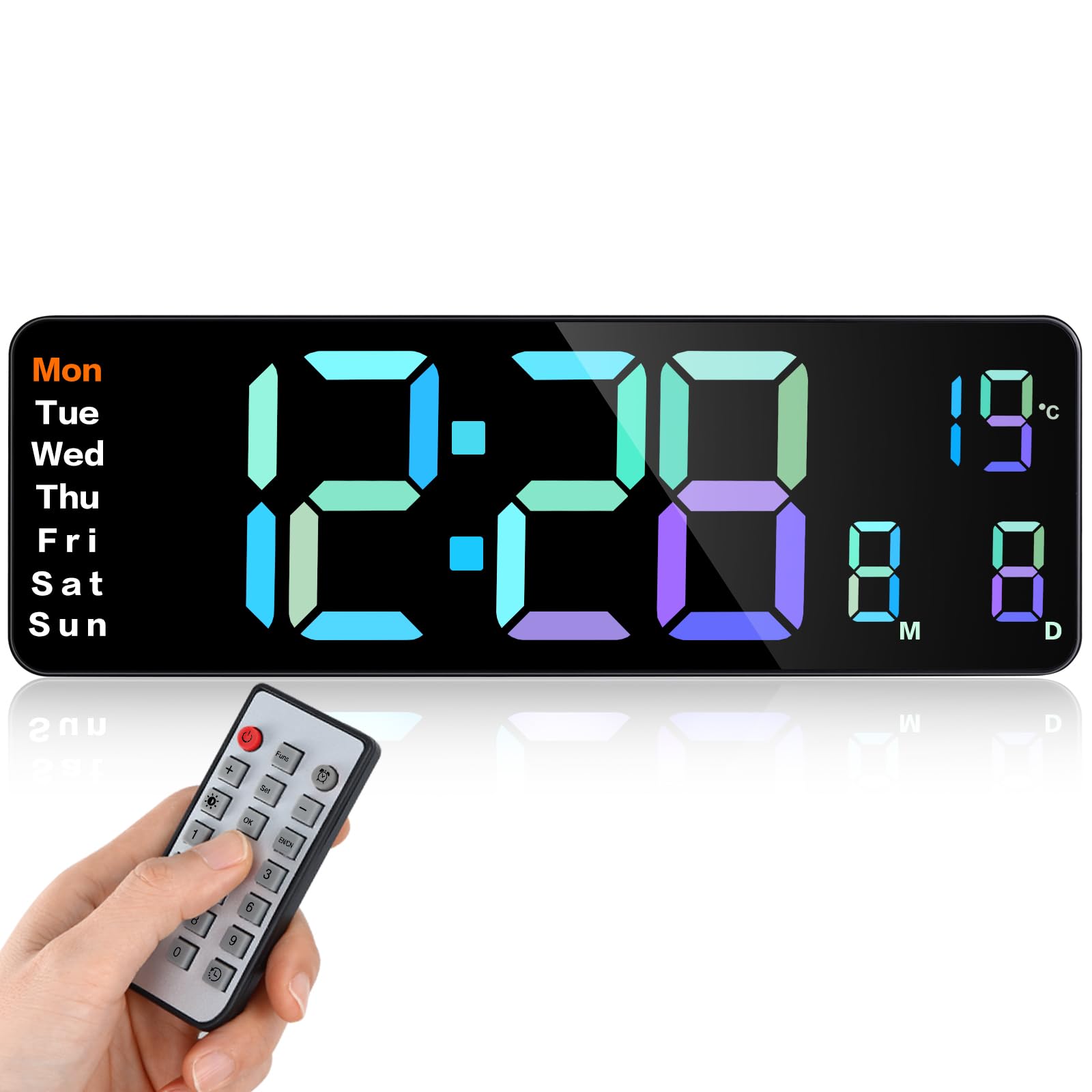 Fuloon 13-Inch Digital Wall Clock With Large Display, Adjustable Brightness LED, Remote Control, Countdown, Date, Week, Temperature (Plug-In)