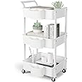 3-Tier Utility Rolling Cart,Mobile Utility Cart with Lockable Caster Wheels,Storage Shelves Organizer Cart, 3 Hanging Baskets, Easy Assembly,for Bathroom, Kitchen, Office, Workshop