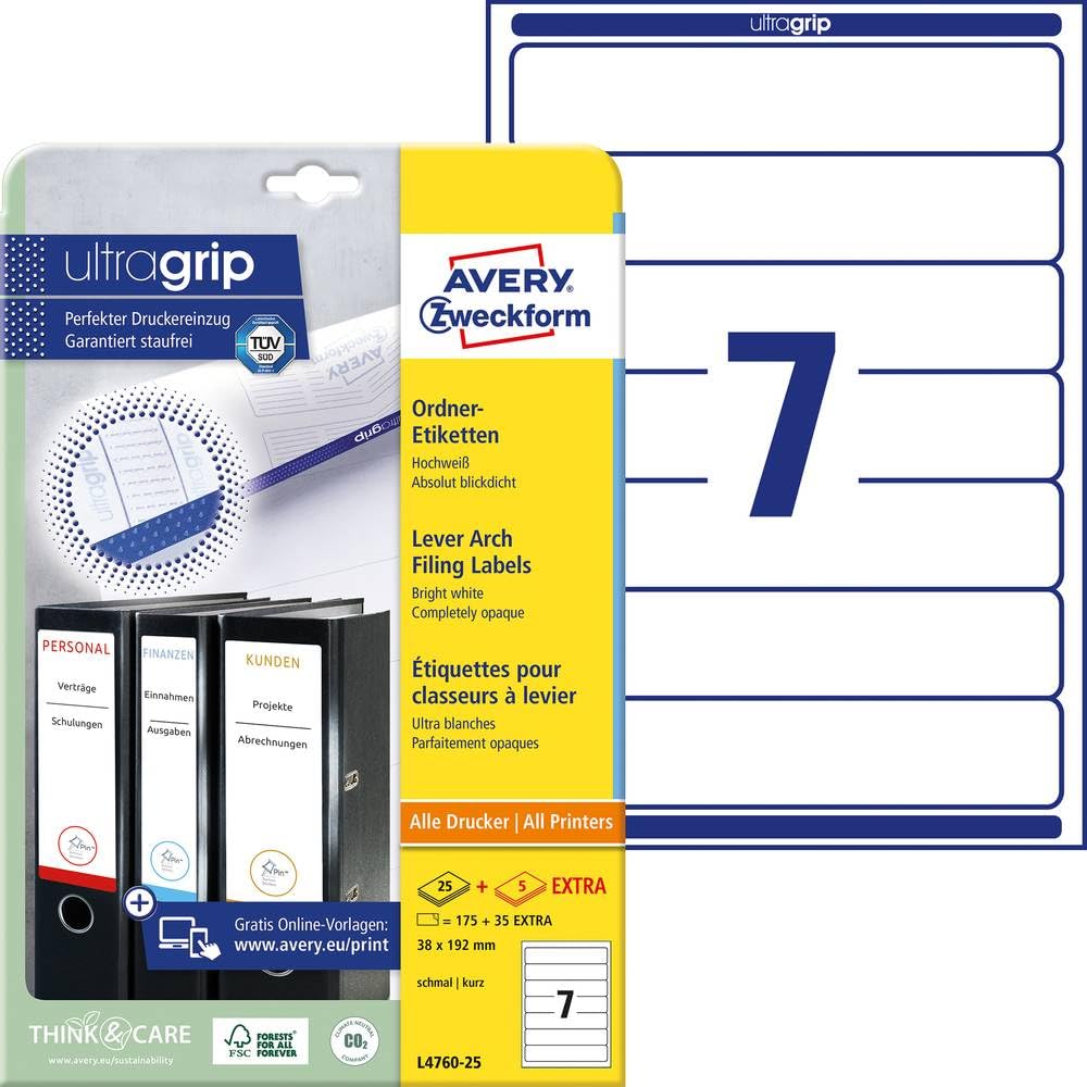 Avery Zweckform, L4760-25, Filing Labels, 25 Sheets, for Slim Ring Binders, like Leitz, Elba, Esselte, Mehle, Herlitz, Bene, 192 x 38 mm