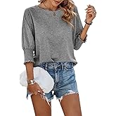 Fazortev Women's 3/4 Sleeve Casual Tops Solid Color Crew Neck Loose Fit Shirts Blouses