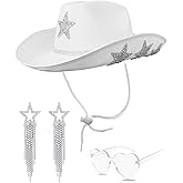 White Cowgirl Hat with Heart Sunglasses - Cowboy Hat with Glitter Star Fits Women for Bachelorette Themed Party