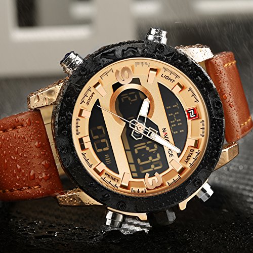 Tonnier Genuine Leather Band Analog Digital LED Dual Time Display Mens Watch, Brown&Gold