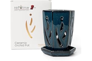 rePotme Orchid Pot, 4 x 6 inch Hexagon Ceramic Orchid Pot with Holes and Matching Saucer (Teal Jade)
