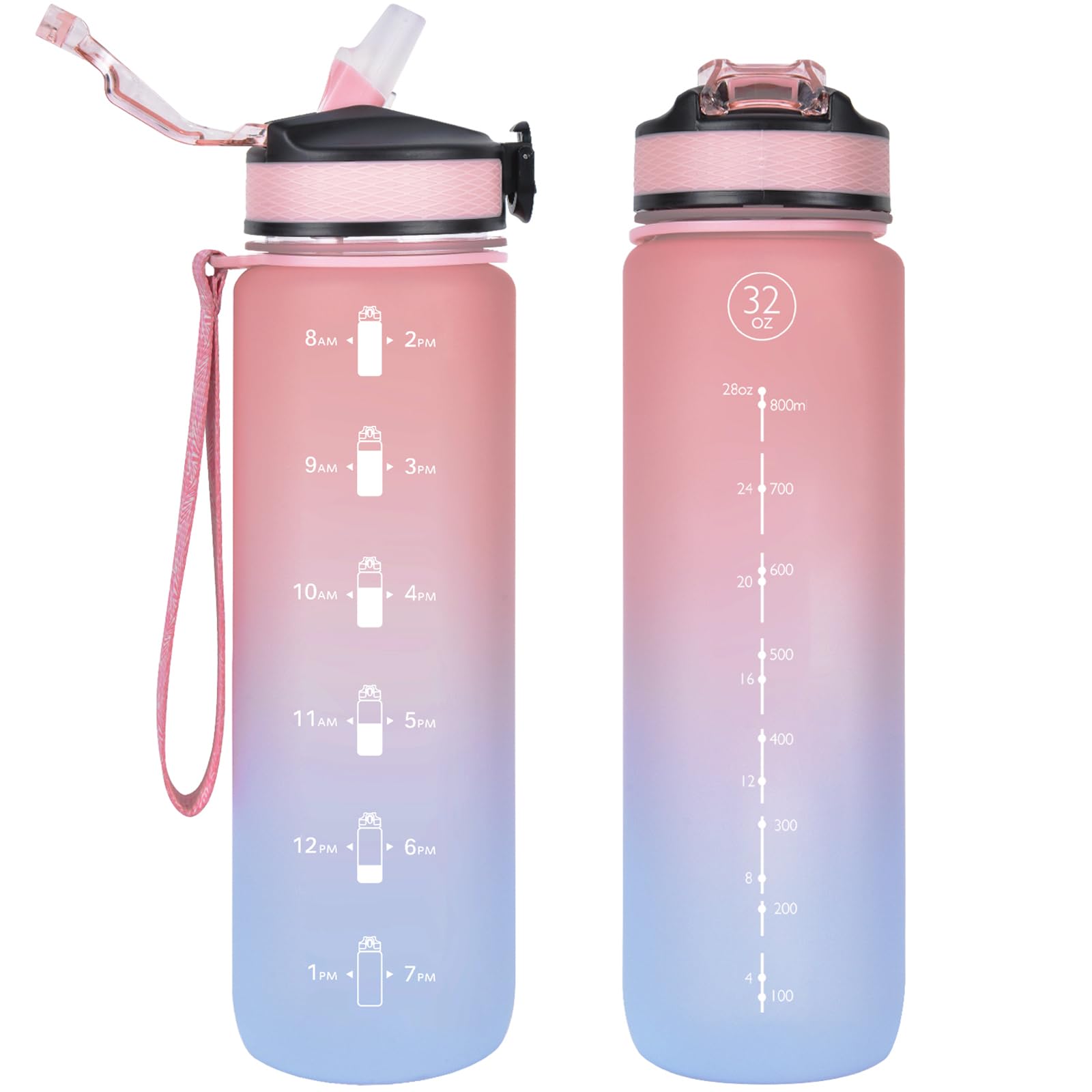 NAVTUE Water Bottle, 1L Sports Water Bottle with Straw, Time Markings, Tritan BPA free, Leakproof Drinks Bottle for School, Cycling, Running (1 Bottle PinkBlue)