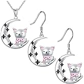 Cat Necklace Earrings Jewelry Set, Pink Crystal Accents Moon Cute Animal Jewelry Gifts for Women Cat Lovers
