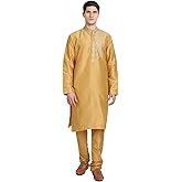 SKAVIJ Men's Embroidered Kurta Pajama Set Silk Blend Traditional Dress, Regular Fit Great Gift