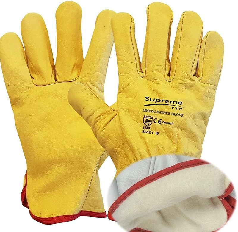 Supreme TTF Mens Leather Work Gloves Cotton Lined Driver Construction Gardening