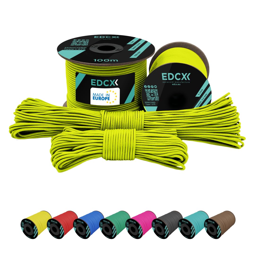 EdcX 2 mm Nylon Paracord 275 (15, 30, 50 and 100 m)– 100% Nylon rope, 3-Strand cord, Nylon cord 2 mm in Many Colours (Sofit Yellow, 15 m)