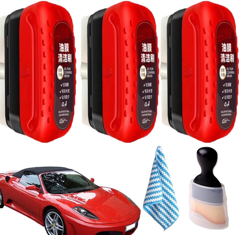 Photo 1 of 3PC Automotive Oil Film Cleaning Brush,Car Windshield Cleaner,Car Clear Vision Glass Cleaner for Car Windows for Cleaning Brush and Improving Windshield Clarity & Visibility (Red)