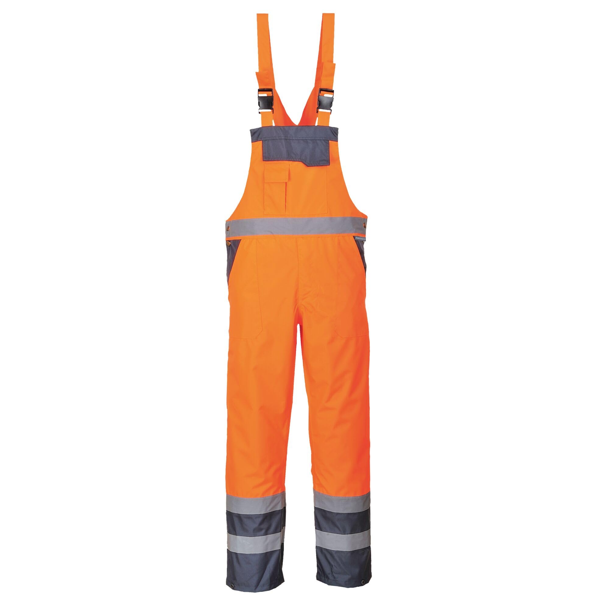 Portwest S488 Men's Hi Vis Bib and Brace Work Overalls Breathable Contrast Rain Dungarees - Waterproof Windproof Reflective Tape Adjustable Fit Multi Utility Pockets, Orange/Navy, 3XL