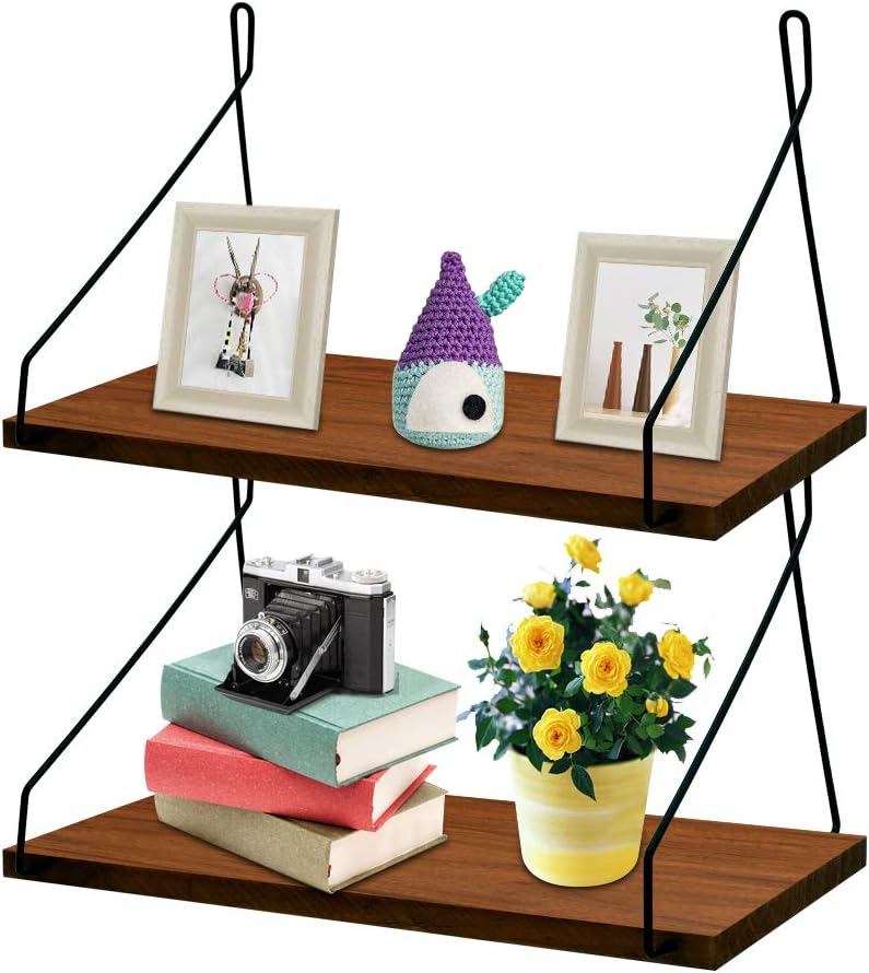 MONOLED Floating Shelves, Wall Mounted Floating Shelves, Set of 2, Rustic Metal Wire Floating Wood Shelf Storage Rack for Living Room Bedroom Bathroom Kitchen School Office (Brown)