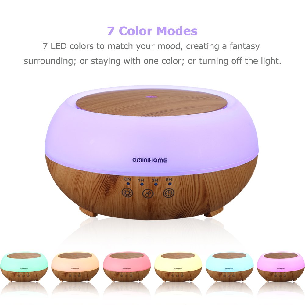 Ominihome Aromatherapy Essential Oil Diffusers, 300ml Ultrasonic Air Humidifier with 4 Timer Settings,7 Color Changing LED Waterless Auto off Wood Grain, 2 Mist Mode, College Graduation Gift