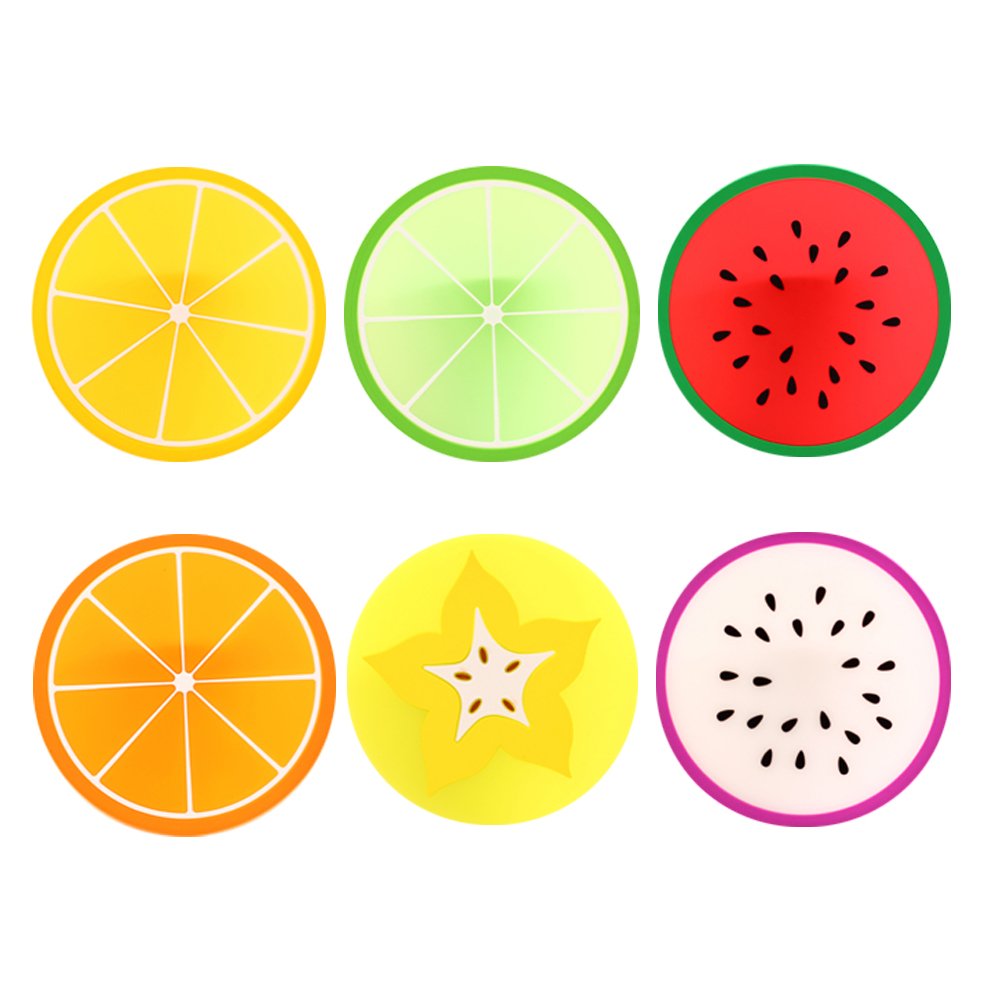Comfysail Carambole Orange Green Orange Lemon Watermelon Pitaya Round Brilliant Silicone Fruit Slice Drink Coasters/Carving Tableware Placemat/Cup Mat/Pad (Fruit coaster 6pcs)