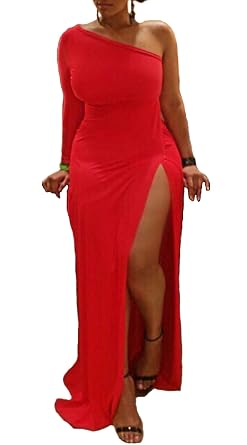 RED ONE SHOULDER LONG SLEEVE HIGH SPLIT PLUS SIZE MAXI DRESS ...