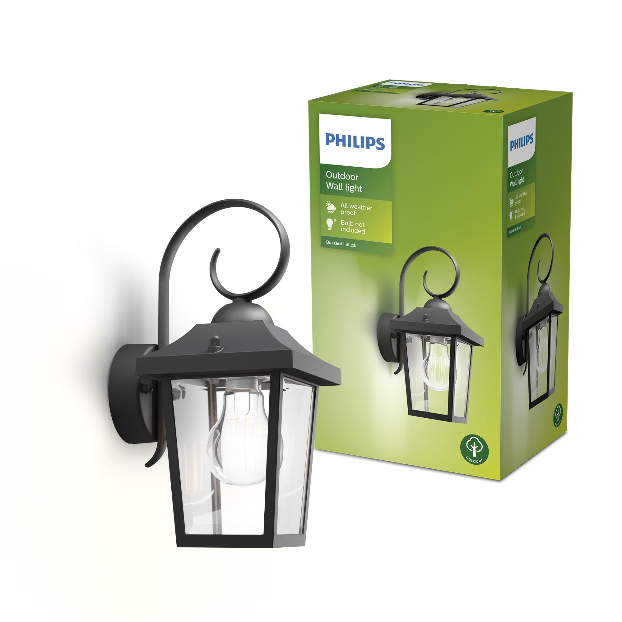 Philips Buzzard Outdoor Wall Light, IP44 Weather-resistant, Durable, Aluminium, Classic Design, Black, E27 Bulb Sold Separately