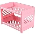 XINGWANG Double-Layer Desktop Storage Rack, Foldable Office Stationery Storage Rack,Kitchen Seasoning Storage Rack, Bathroom Cosmetic Storage Rack (Pink, 2-Layer)