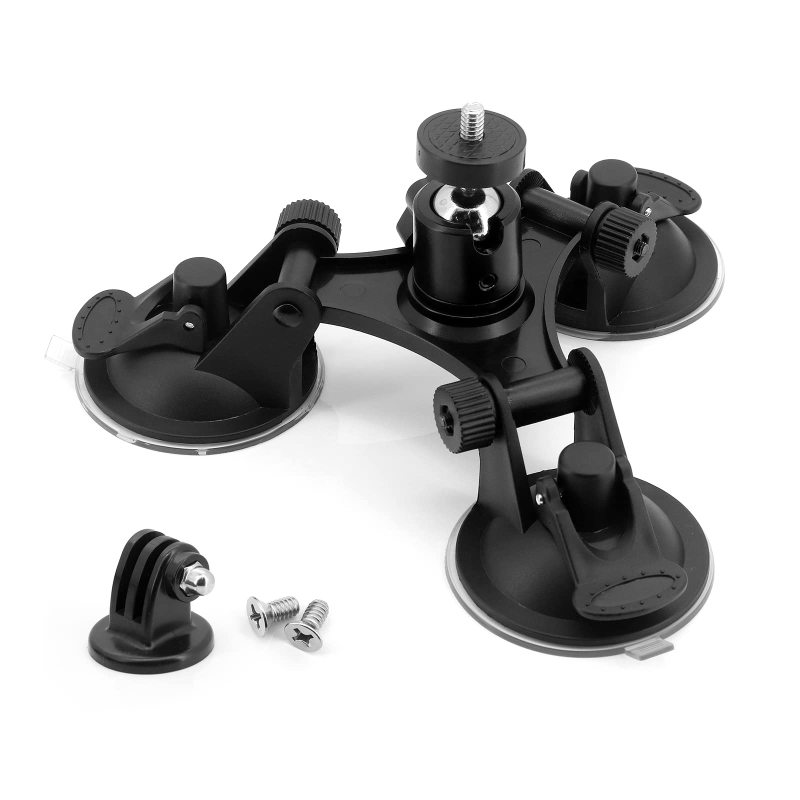 Hensych Triple Suction Cup Mount Holder Stand Camera Triple Suction Cup Mount Bracket Glass Holder Triangle Low angle + 1/4" Tripod Adapter Compatible for most camera with 1/4 screw