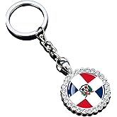 Ruoming 1 National Flag Keychain With Rhinestones, Glass Dome Pendant, Silver Metal Chain, World