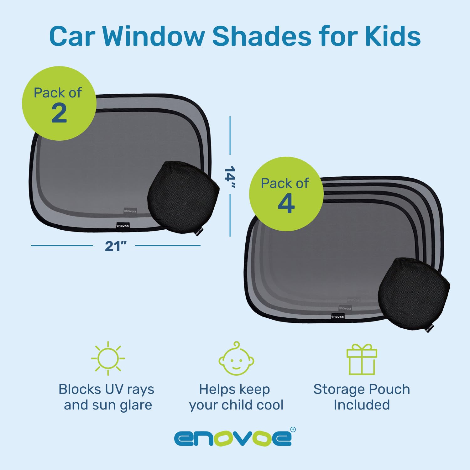 Enovoe Car Window Shades for Baby (2 Pack) - 21x14 Inches Sun Shade Blocker, Cling - Glare Shield and UV Rays Protection for Your Child - Side Windows Screens for SUV- Mesh Window Shades for car Baby