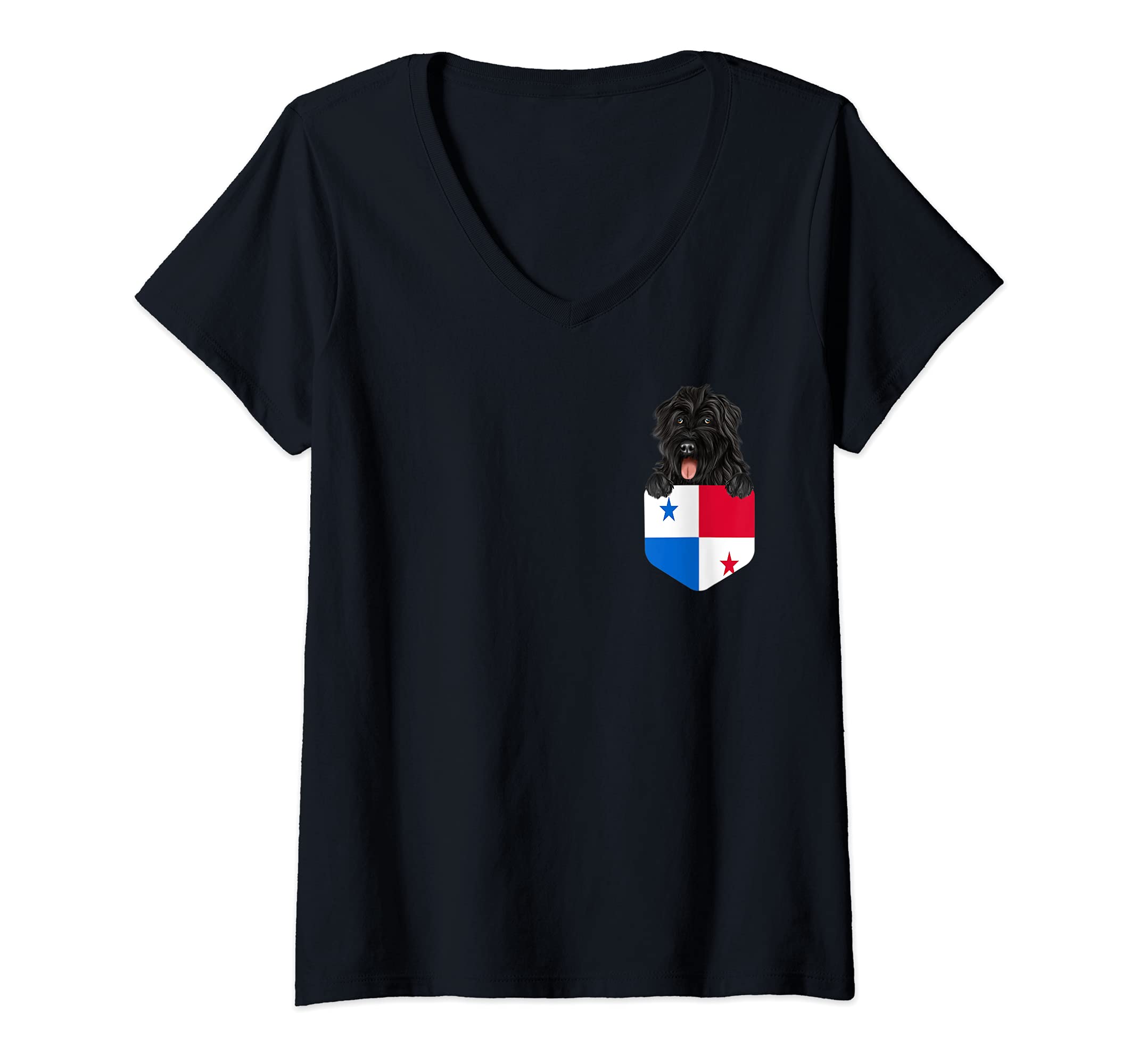 Womens Panama Flag Bouvier des Flandres Dog In Pocket V-Neck T-Shirt