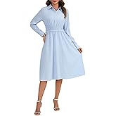 Vrtige Women's Stripe Button Down Corset Collar V Neck A Line Long Sleeve Midi Shirt Dress