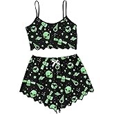 WDIRARA Women's 2 Piece Sleeveless Pajama Set Alien Graphic Sleepwear Crop Cami Tops and Shorts Pjs Sets