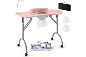 Giantex Nail Table for Nail Tech, Portable Manicure Table with Electric Dust Collector, USB-Plug LED Lamp, Wrist Rest, 4 Lockable Wheels, Foldable Nail Desk with Carry Bag (Pink)