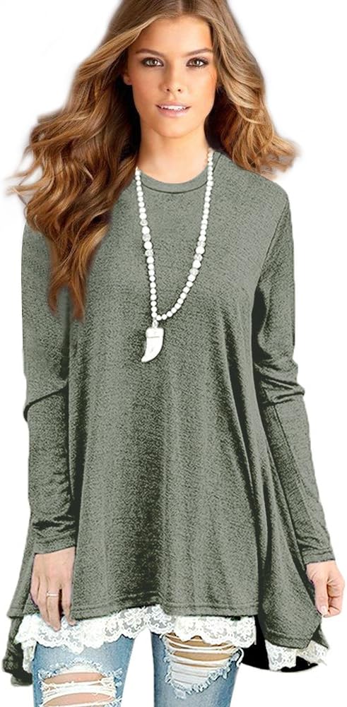 Sunfung Women's Lace Long Sleeve Tunic Tops Shirt Clothing Scoop Neck Womens Plus Size Tunic Blouses Tops